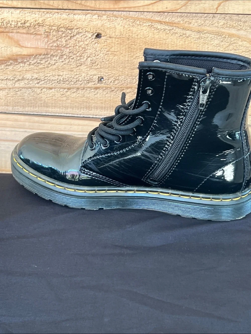 Dr. Martens Kids Black Patent Lace-Up Zip Combat Boots with Yellow Stitching